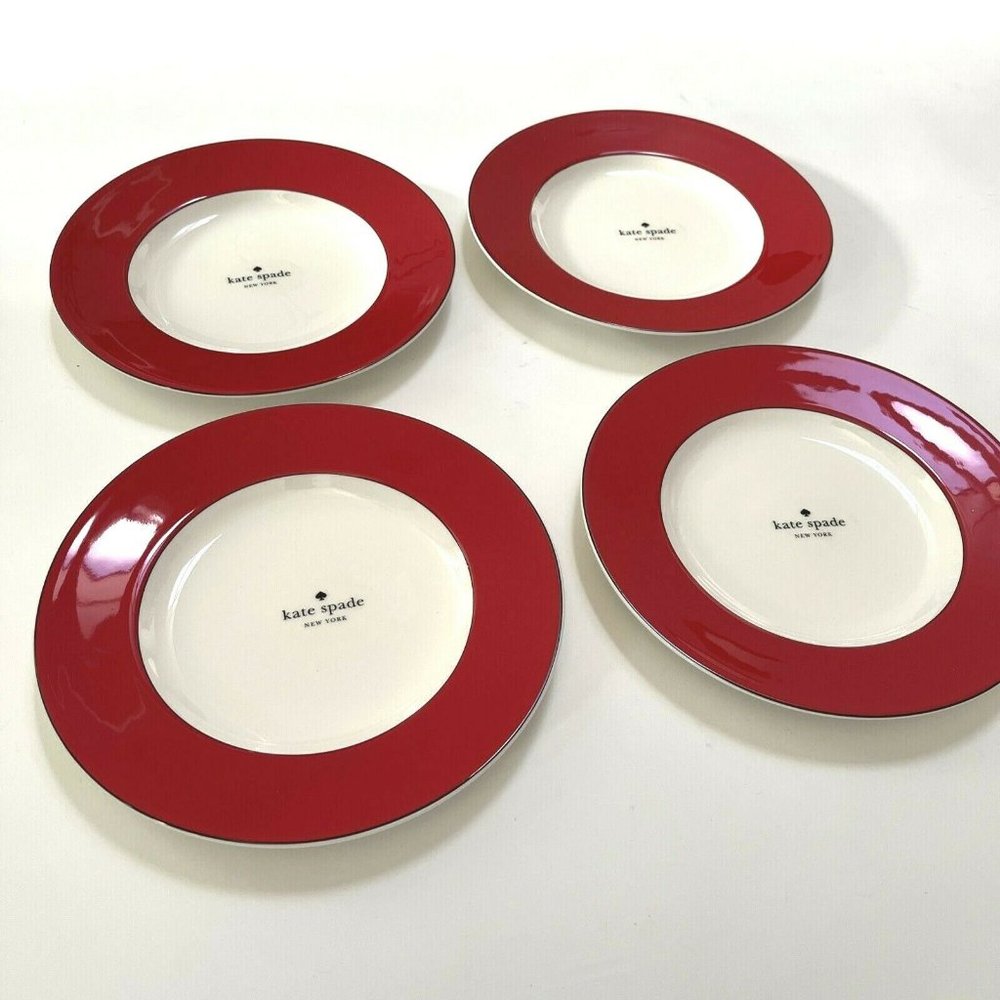 4PC New Kate Spade Rutherford Circle Red Accent Plates Dishes 9.2" Lenox - Picture 1 of 5